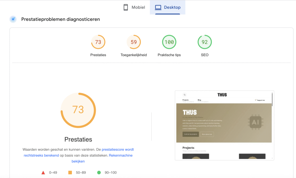 Pagespeed test on desktop